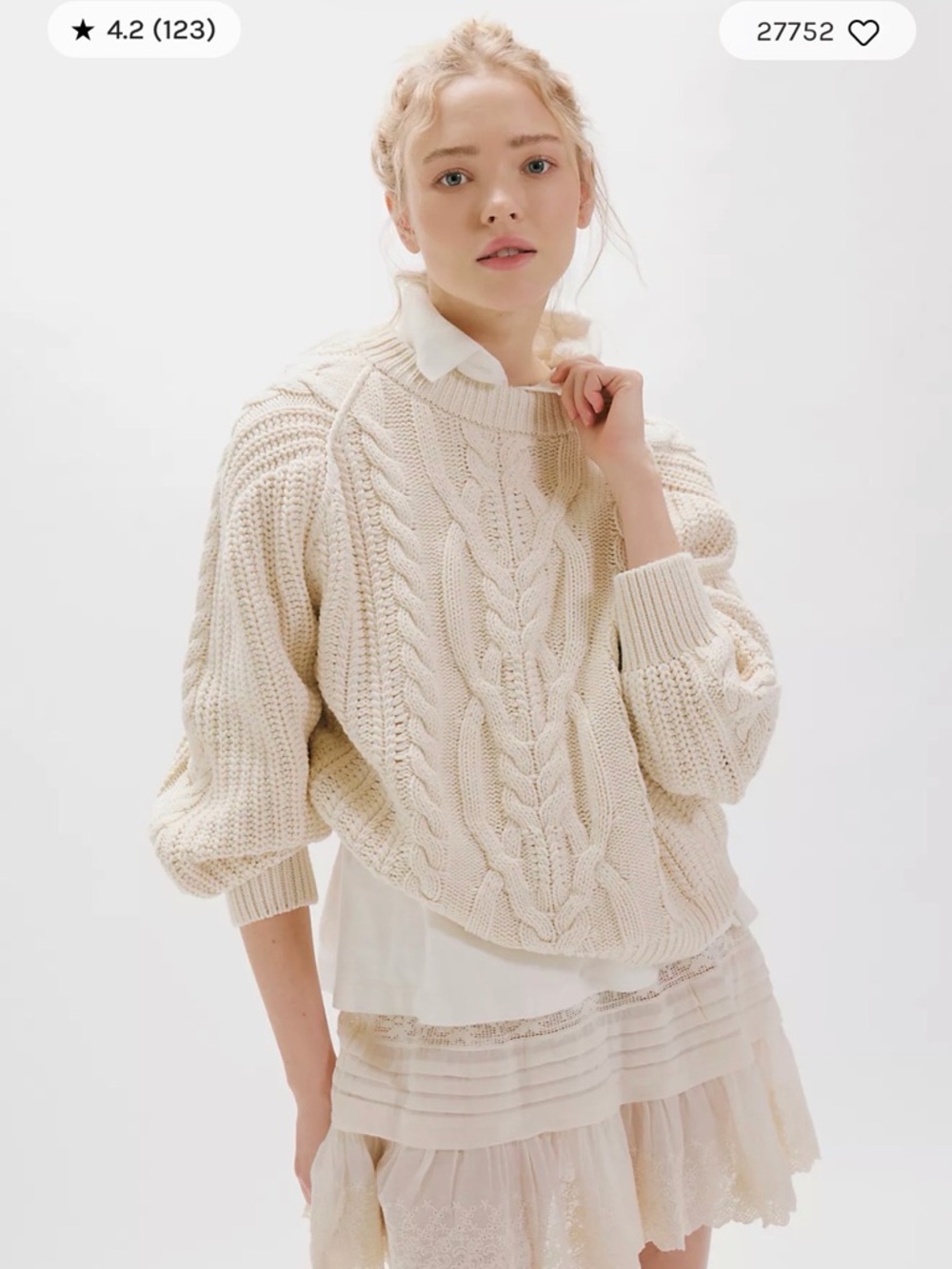 Free People Cream Cable-Knit Crewneck Sweater/Jumper